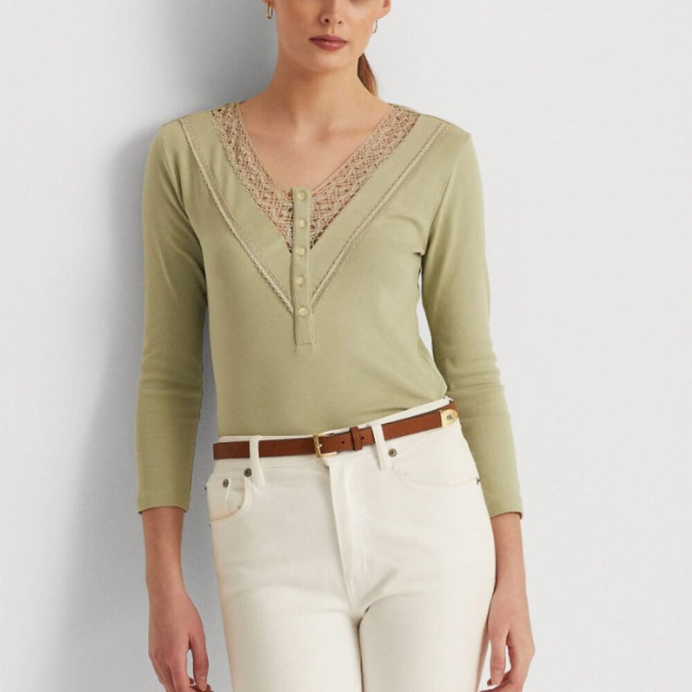 Ralph Lauren Women's Lace 5 Button Placket Long Sleeve V Neck Top - L